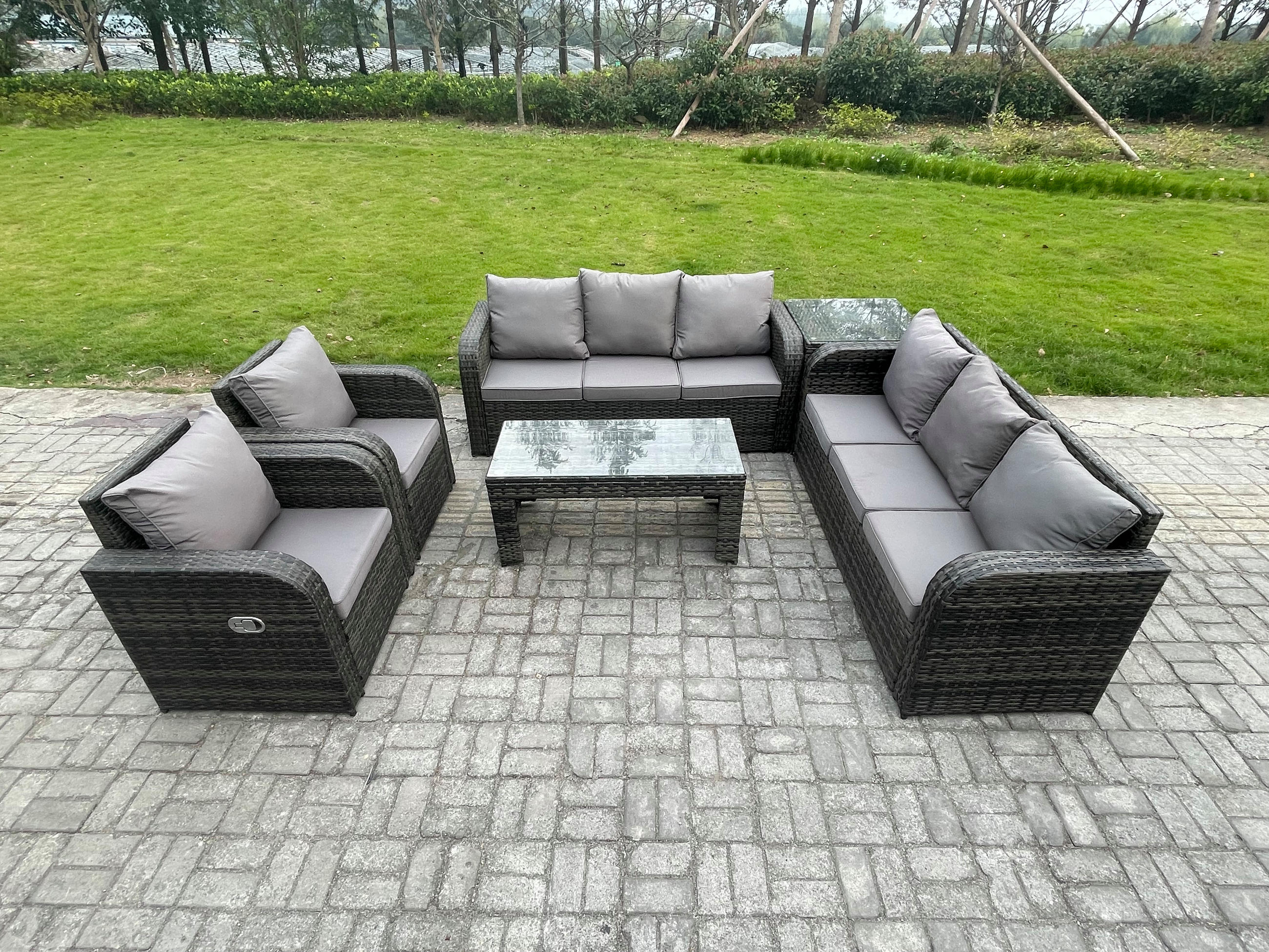 GARTENSOFA SET mit rechteckigem COUCHTISCH Polyrattan 8-Sitzer Dunkelgrau - Dunkelgrau/Grau, Glas/Kunststoff - Fimous