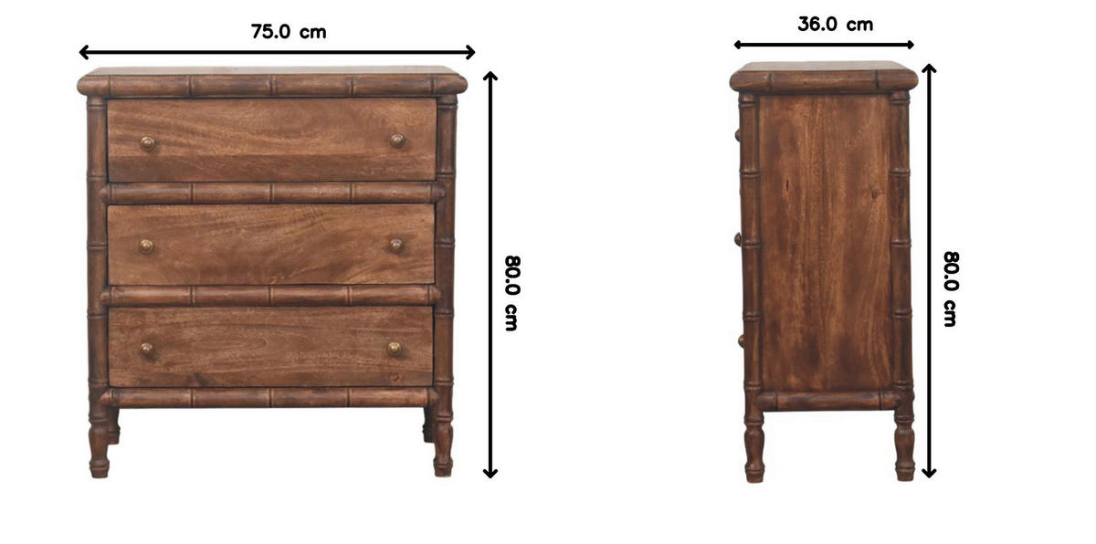 KOMMODE Bambus Geschnitzt, 3 Schubladen, Dunkelbraun - Dunkelbraun/Messingfarben, Holz/Metall (75/80/36cm) - Artisan Furniture