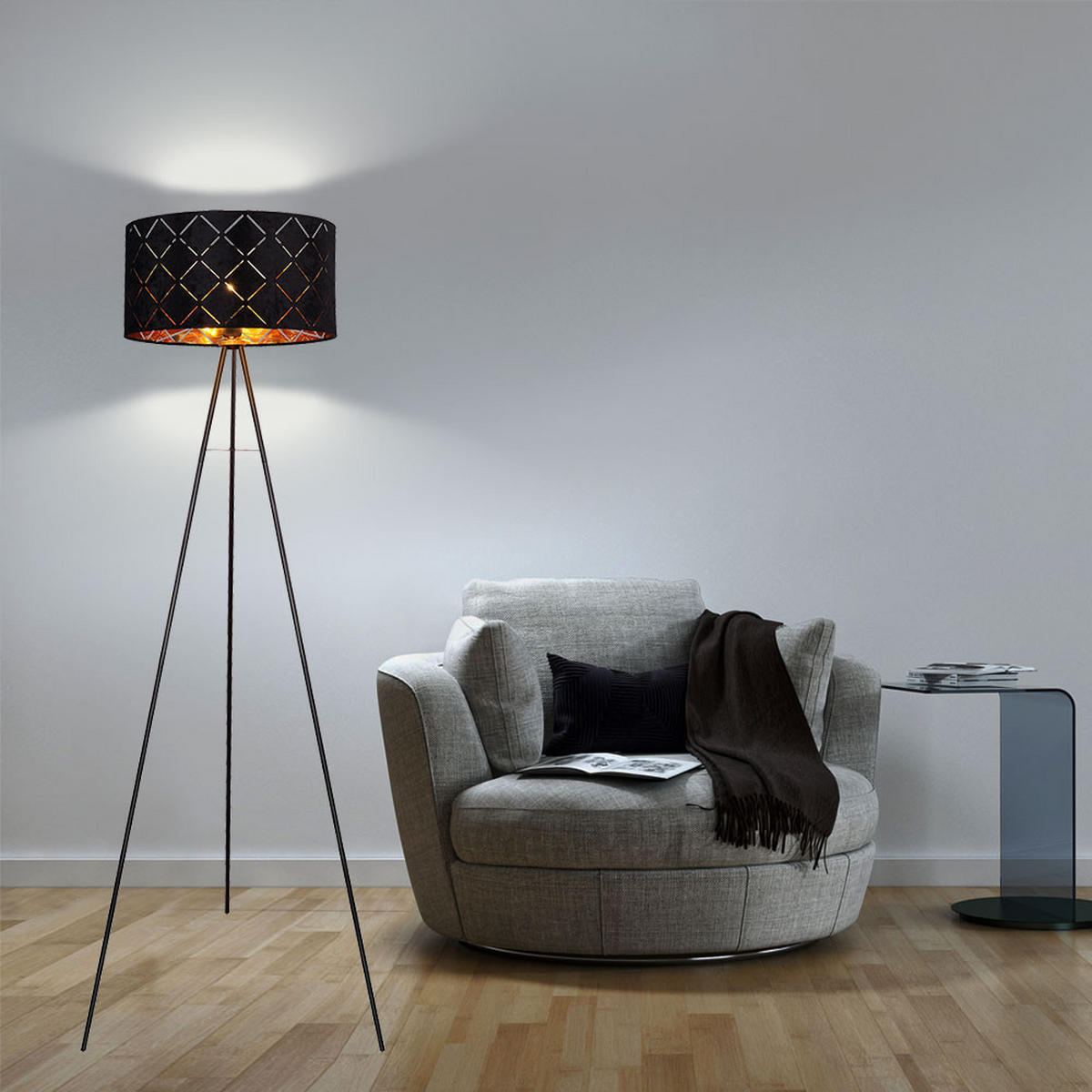 LED STEHLEUCHTE SUNNA schwarz-gold Metall Textil - Goldfarben, Metall (69/69/149cm) - Globo Lighting