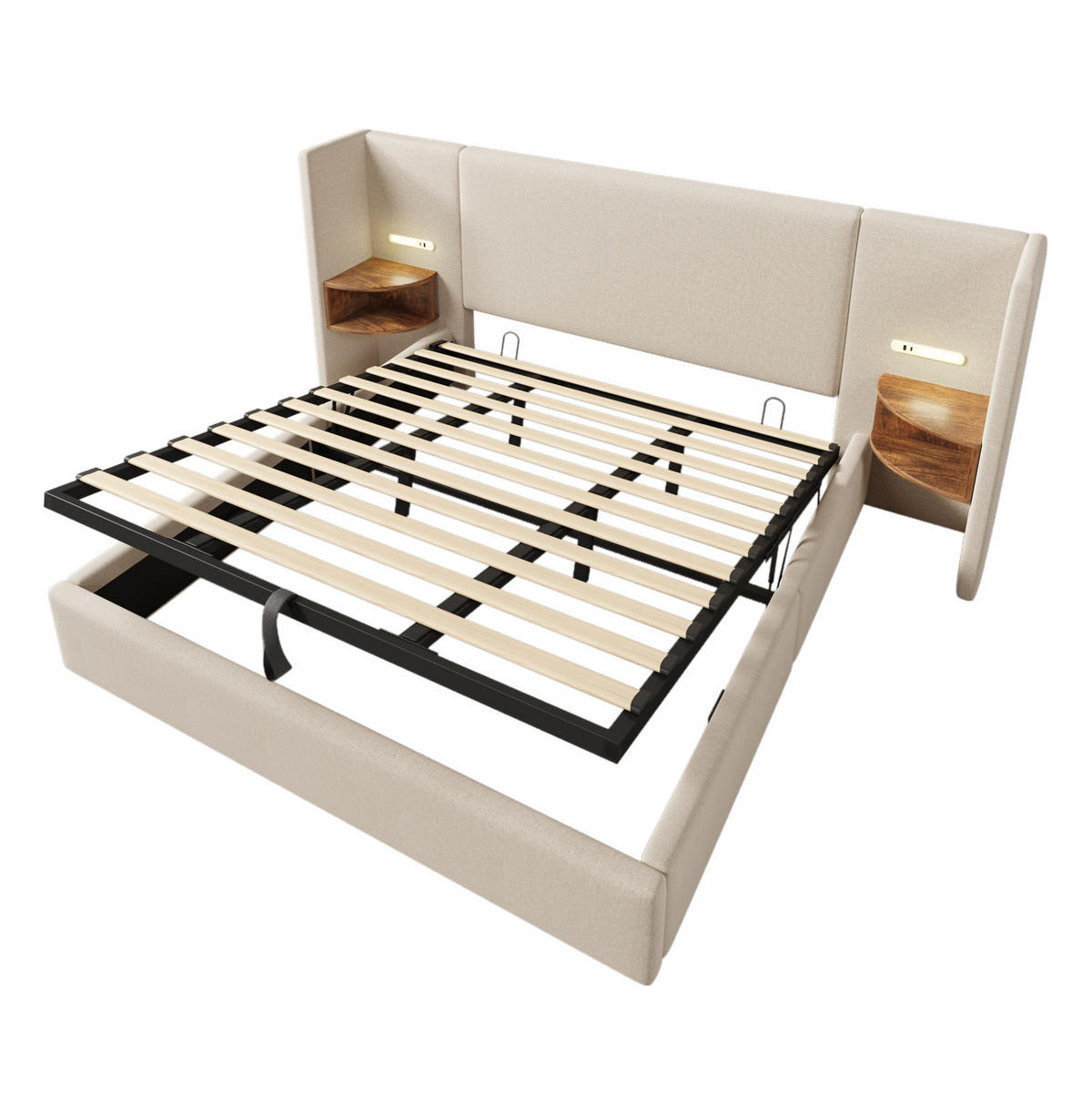 POLSTERBETT aus Leinen 180x200 cm Beige mit Bettkasten, Leselampe, USB- und Type-C-Anschlüssen - Beige, Textil (180/200cm) - IVMEU