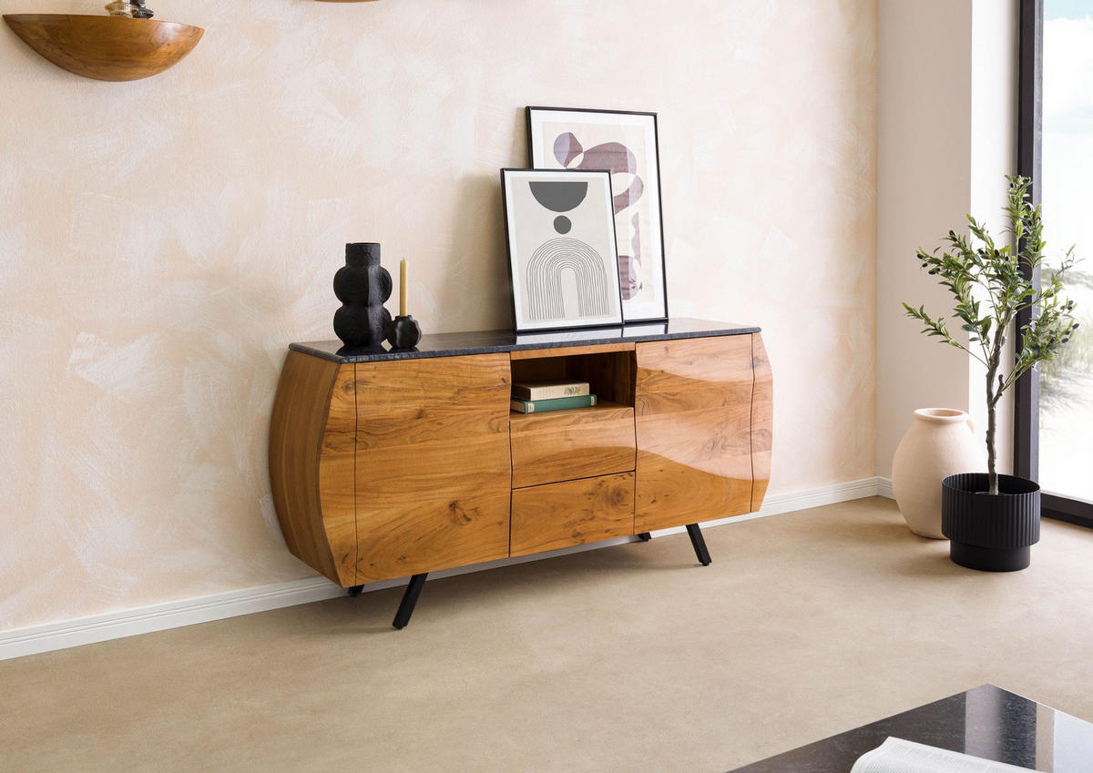 SIDEBOARD Akazie 154x40x75 natur lackiert / Marmor schwarz MONTREAL #125 - Braun, Holz (154/75/40cm) - Massivmoebel24