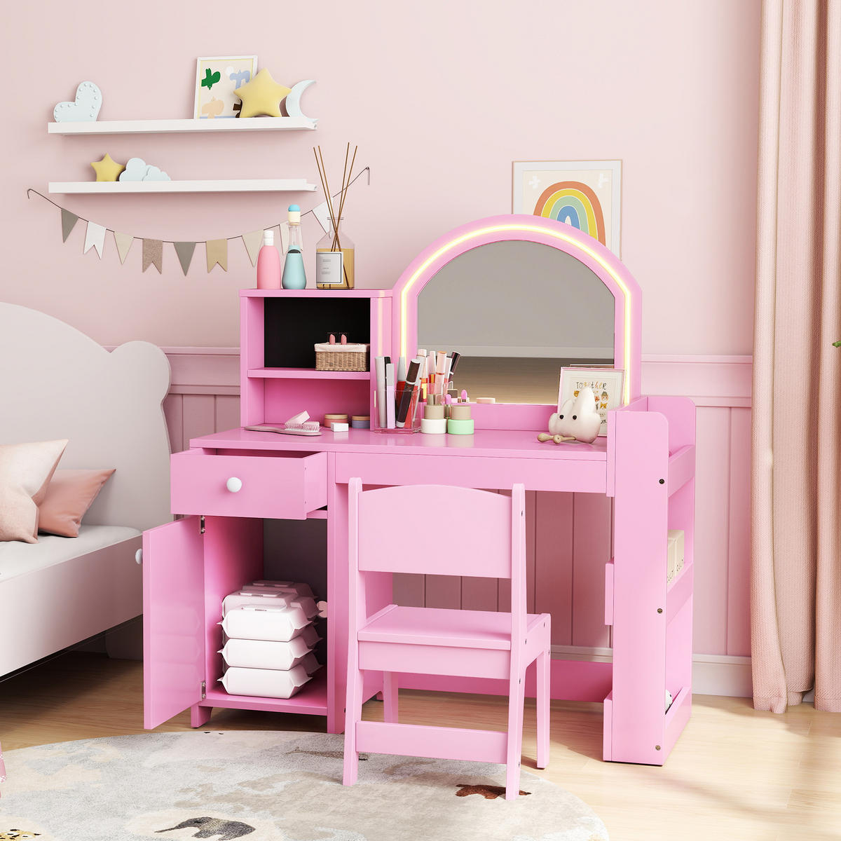 KINDERSCHMINKTISCH DE-18635 LED-Spiegel mit 2 Lichtfarben Rosa - Pink, Holzwerkstoff (38.8/96.9/88.6cm) - ComfortXL
