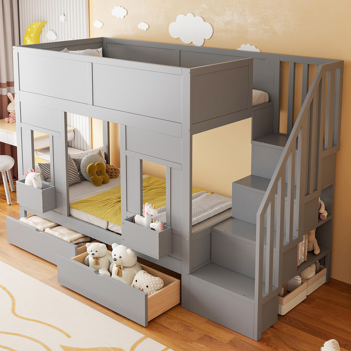 ETAGENBETT 90/200 cm mit Stauraumtreppe, Schubladen und Fensterdesign,Grau - Grau, Holzwerkstoff (90/200cm) - Redom