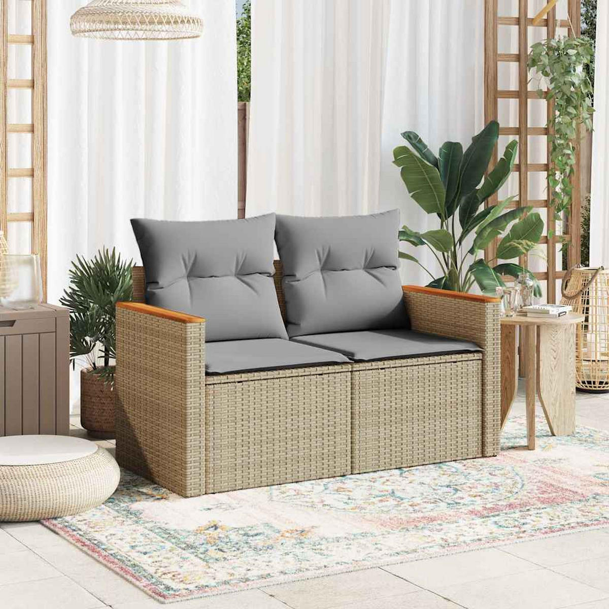 GARTENSOFA Mit Kissen 2-Sitzer Beige Poly Rattan - Beige, Kunststoff (124/69/62cm) - vidaXL
