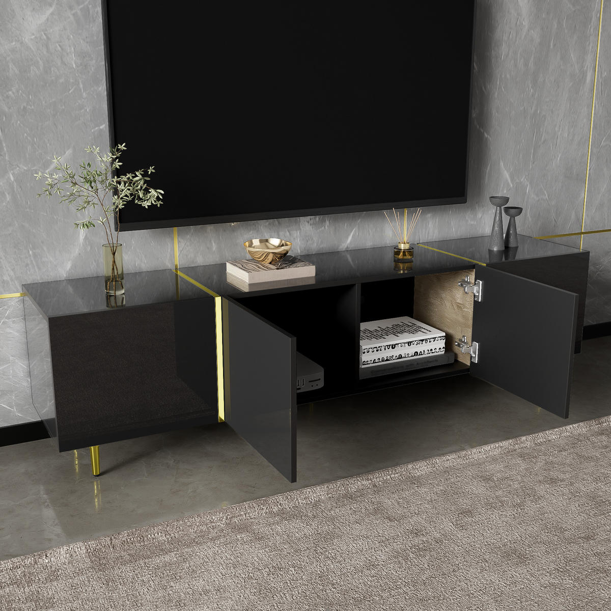 LOWBOARD in Schwarz und Gold Hochglanz-TV-Schrank mit 4 Türen für Wohnzimmer, B170/T35/H46 cm - Goldfarben/Schwarz, Holzwerkstoff/Metall (170/46/35cm) - STILVORA