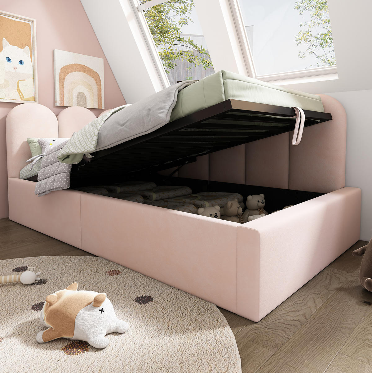 TAPECIRANI dnevni krevet 90/190 cm ružičasti od baršuna s prostorom za odlaganje - pink, tekstil (90/190cm) - OKWISH