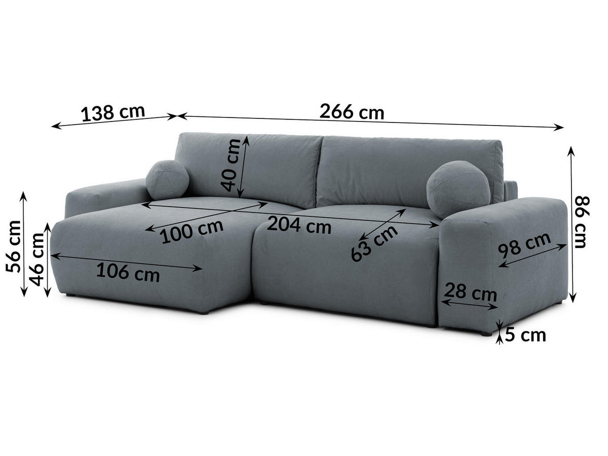 ECKSOFA Puffy mit Schlaffunktion und Bettkasten - besonders weich und puffig aus Dunkelgrau Webstoff - Ottomane links - Dunkelgrau/Schwarz, Holz/Kunststoff (138/266cm) - S-Style Möbel
