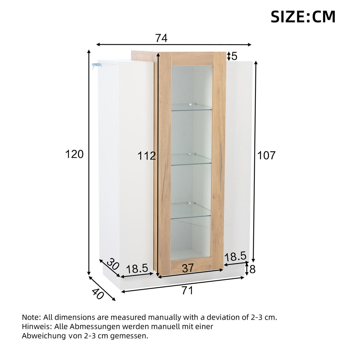 WOHNZIMMERVITRINE aus Spanplatte 74x40x120 cm Weiß/Natur mit LED-Beleuchtung, 3 Türen und Acrylfront - Weiß, Holzwerkstoff (74/120/40cm) - Modfu