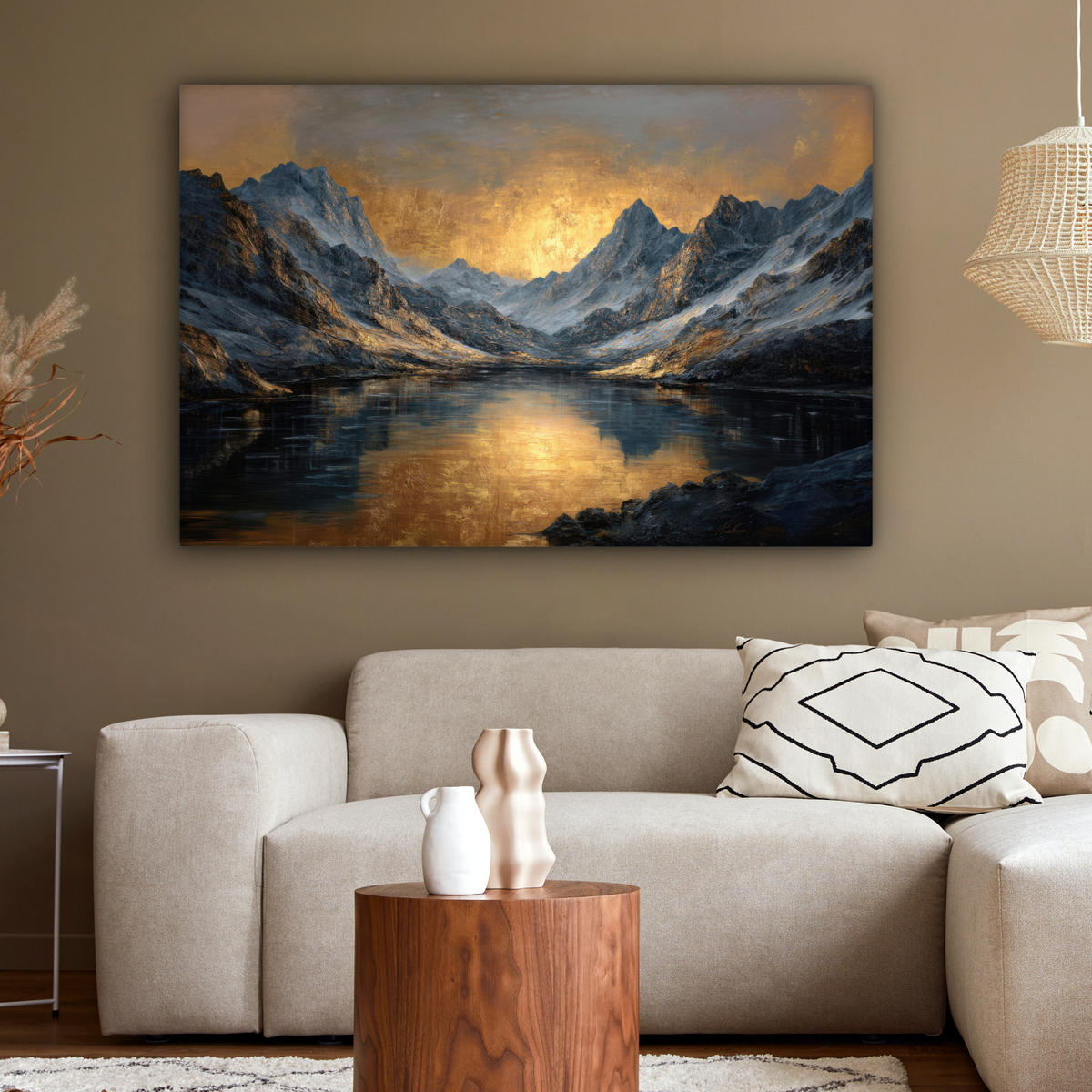 LEINWANDBILD Bergkulisse mit goldenem Sonnenuntergang Groß 140x90 cm - Goldfarben, Textil (140/90cm) - MuchoWow