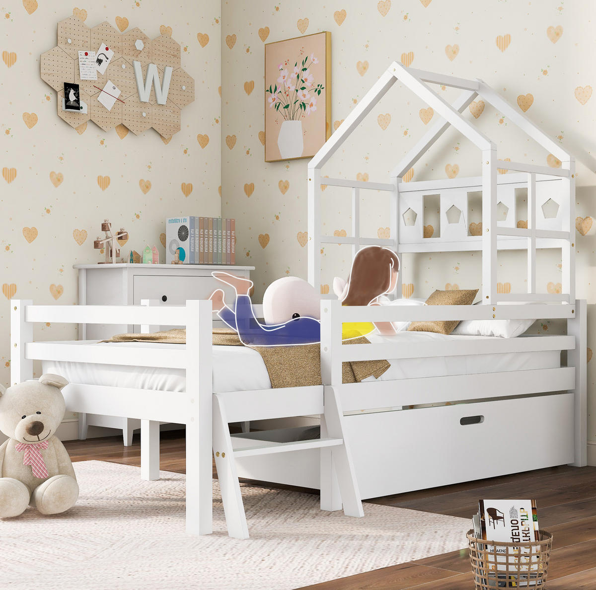 HOCHBETT 90/200 cm mit Leiter, Schublade, Lattenrost und Rausfallschutz aus massivem Kiefernholz, Weiß - Weiß, Holz - Redom