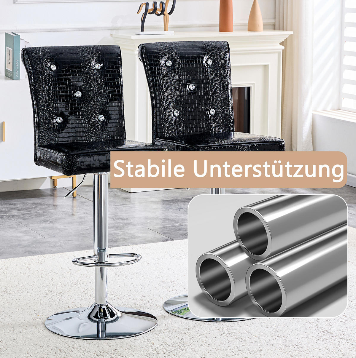 BARSTUHL mit PVC-Bezug und Kristallknopf-Details, Schwarz - Schwarz, Kunststoff (42/125/55cm) - MIVRAY