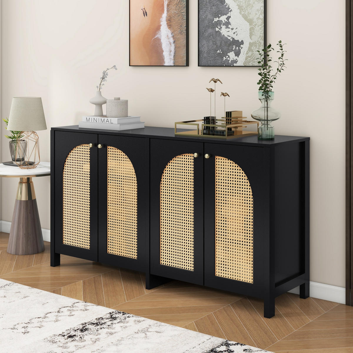 SIDEBOARD 4-türig Kunst-Rattan Schwarz - Schwarz, Holzwerkstoff (145/40/80cm) - Meubliv