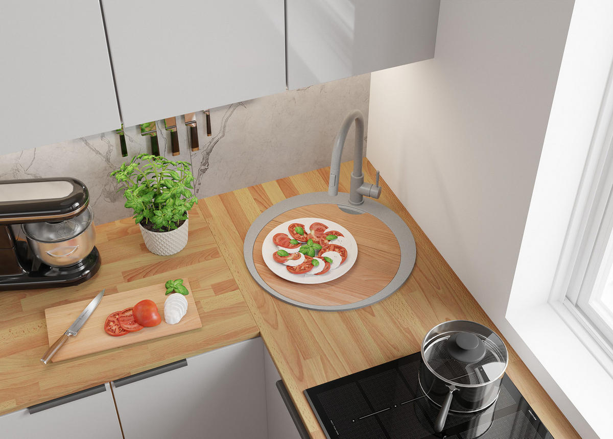 SPÜLBECKEN RUND Pisa Max, 2-er set Grau 53/53 cm 1 Becken + Ablauf-Set + Schneidebrett ab 50er Unterschrank - Chromfarben/Beige, Kunststoff (53/20/53cm) - Primagran