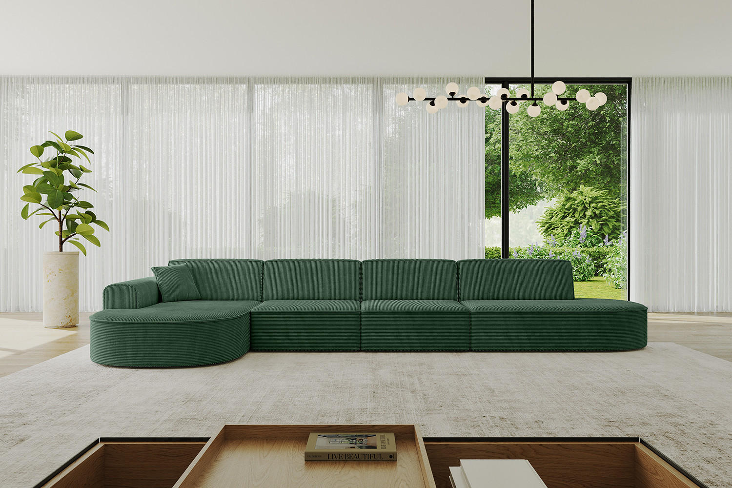 ECKSOFA Ottomane Links MARI-L3 - 402x163x73,5 cm Grün Cord - Schwarz/Grün, Holzwerkstoff/Kunststoff (165/406cm) - ALTDECOR