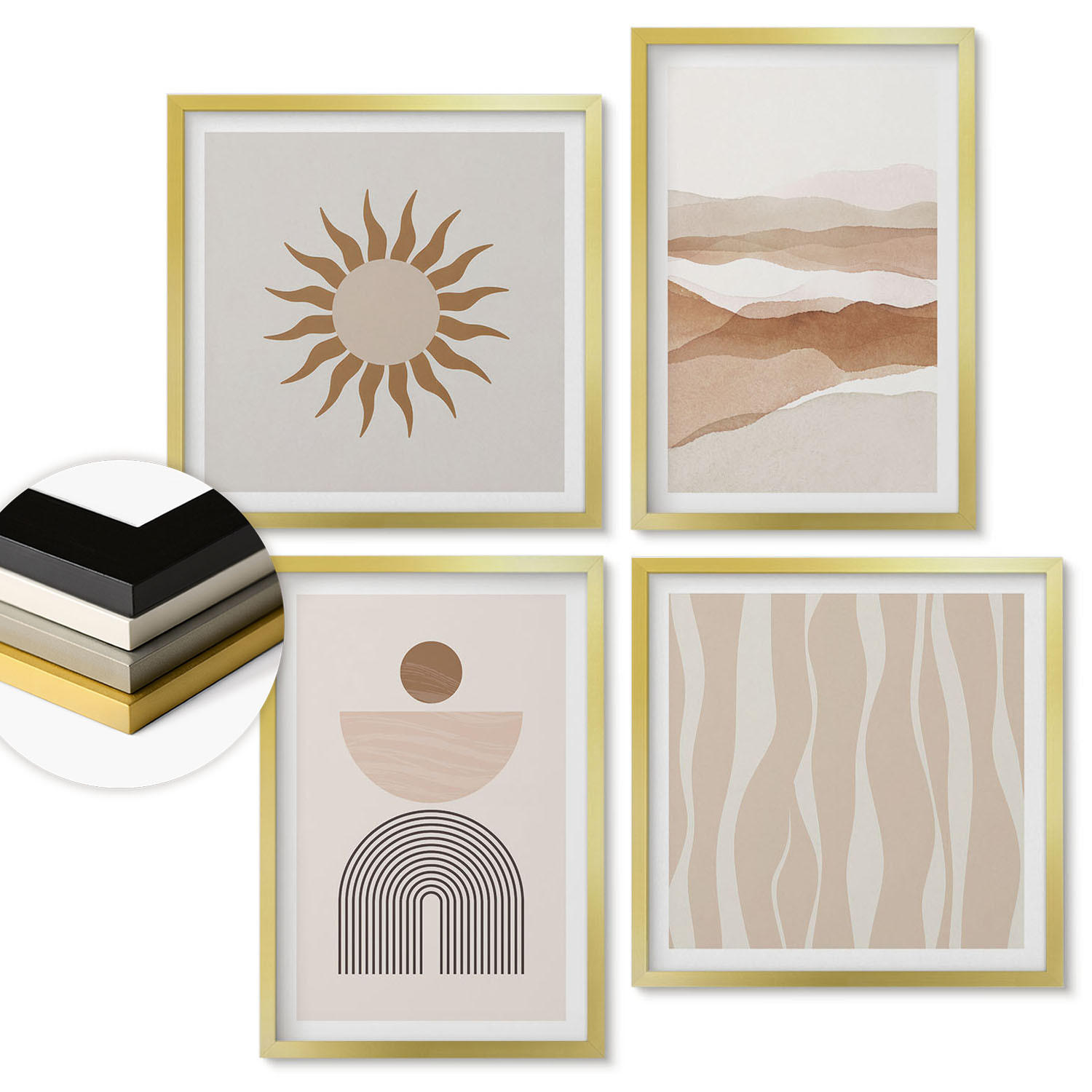 WANDBILDER 4er Set - 50x50 cm & 40x60 cm Goldrahmen - Abstrakte Landschafts- und Naturgeometrie - Goldfarben, Kunststoff (50/50cm) - ArtPrintCave