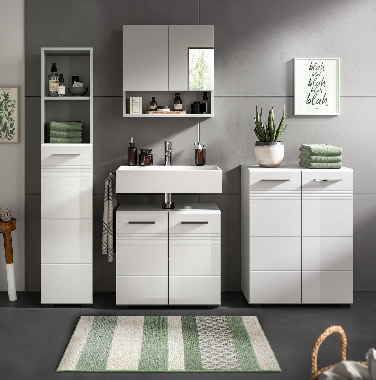 HOCHSCHRANK weiß Hochglanz, grau 30 cm, Badschrank mit Soft-Close - Weiß Hochglanz/Silberfarben, Holzwerkstoff/Kunststoff (30/150/30cm) - Inn.Furn