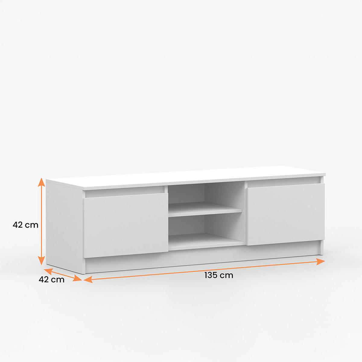 TV-LOWBOARD SOLO, Wohnzimmer, TV-Lowboard, Lowboard, TV-Schrank 135 cm Weiß/Weiß, 2-türig, grifflos - Weiß, Holzwerkstoff (135/42/42cm) - imoebel24