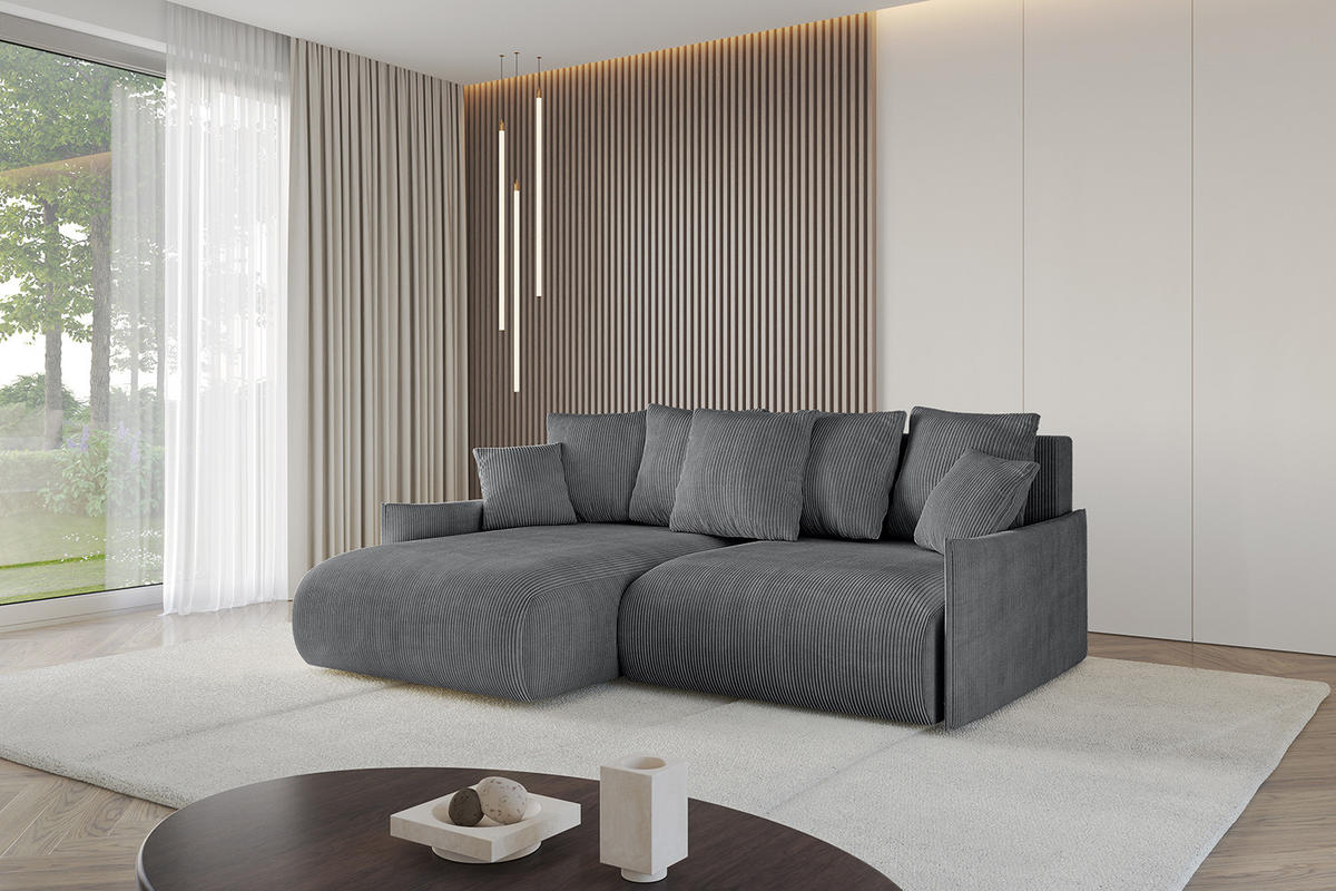 ECKSOFA mit Schlaffunktion und Bettkasten ONESK-L -v1 208x165x40 Dunkelgrau Cord - Dunkelgrau, Holzwerkstoff/Kunststoff (208/165cm) - ALTDECOR