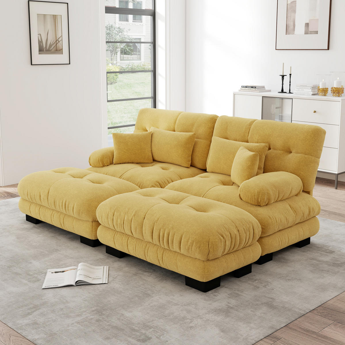 2-SITZER SOFA Chenille Gelb mit Lendenkissen, Dekokissen und Ottomans - Gelb, Textil (220/81/145cm) - WISHDOR