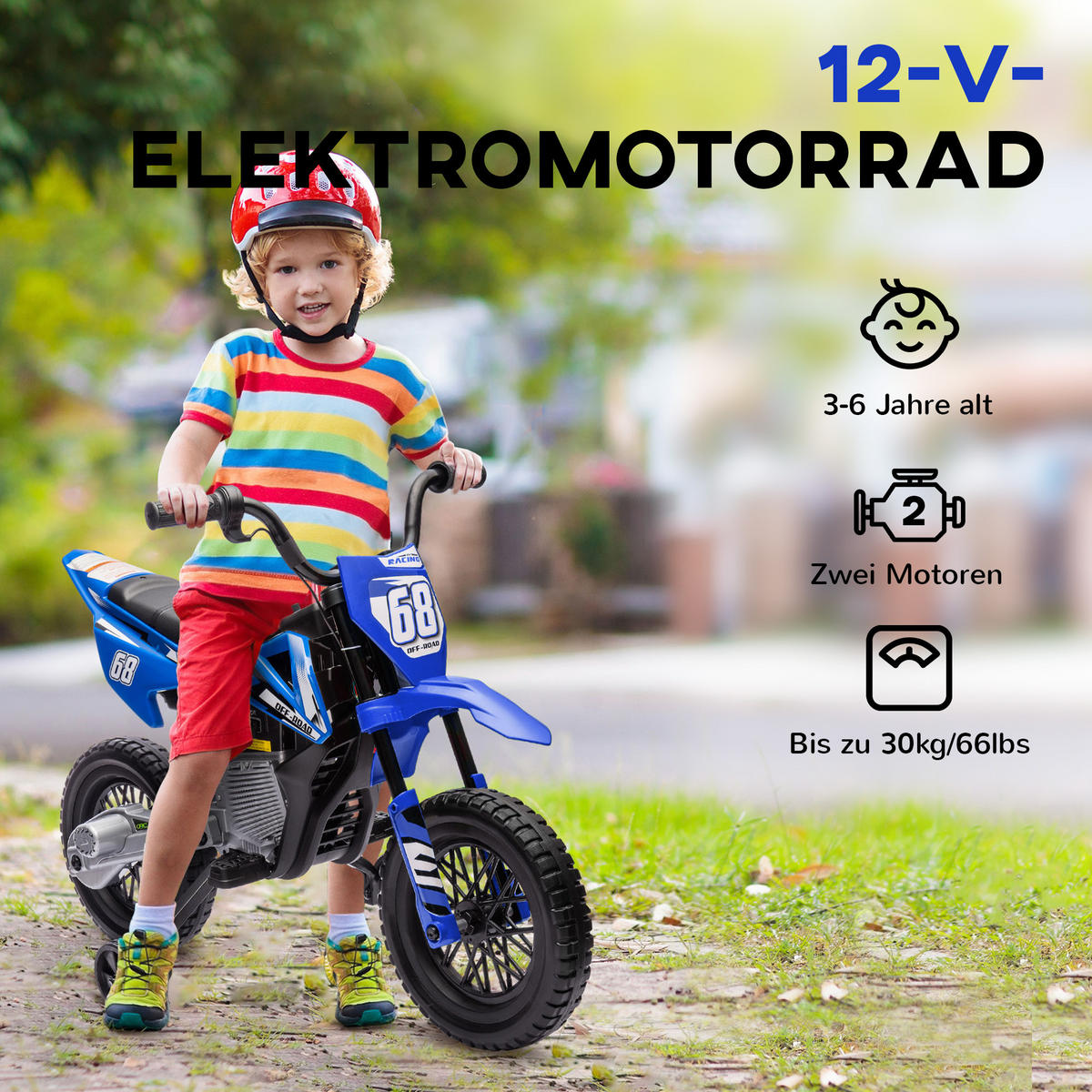 ELEKTRO-MOTORRAD DE-06221 12V mit Trainingsrädern und Musik Blau - Blau, Kunststoff/Metall (107/56/70cm) - ComfortXL