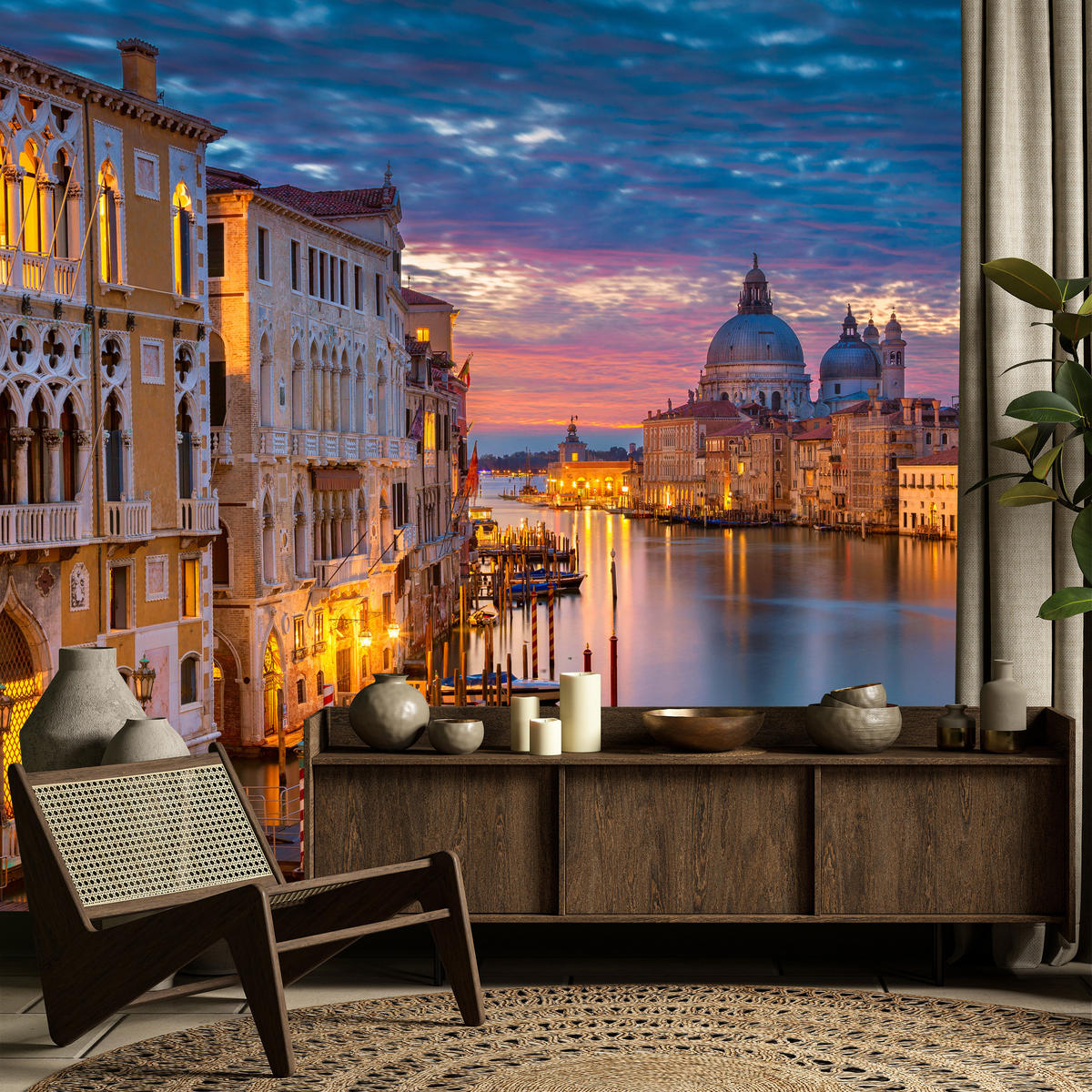 FOTOTAPETE für Wohnzimmer Venedig Nacht Panorama Historisch 100x70 - Violett/Rosa, Papier (100/70cm) - Muralo