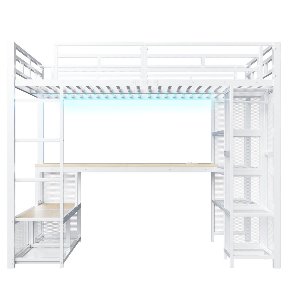 HOCHBETT 140/200 cm weiß aus Metall und MDF mit Schreibtisch, Kleiderschrank, USB und LED - Weiß, Holzwerkstoff (140/200cm) - OKWISH