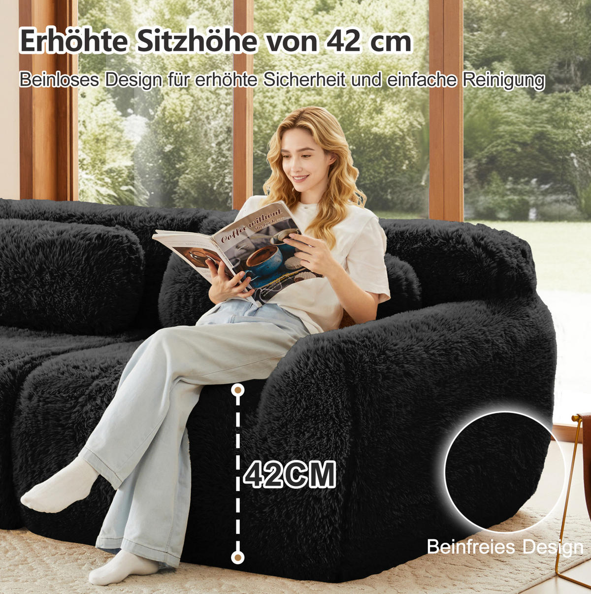 ECKSOFA aus Plüsch in Schwarz mit modularem Design - Schwarz, Textil (179/73/204cm) - Modfu