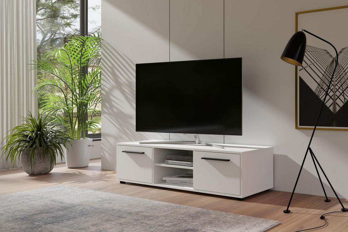 RTV-SCHRANK Maxivo 150 Weiß, zweitüriger TV-Tisch - Schwarz/Weiß, Holzwerkstoff (150/38/40cm) - Bettso