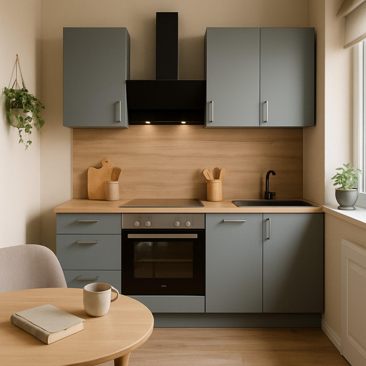 KÜCHENLEERZEILE „Freiburg“ 210 cm – ohne E-Geräte – Steingrau – mit Zubehör - Edelstahlfarben/Grau, Holzwerkstoff/Metall (210/210/60cm) - GEBA