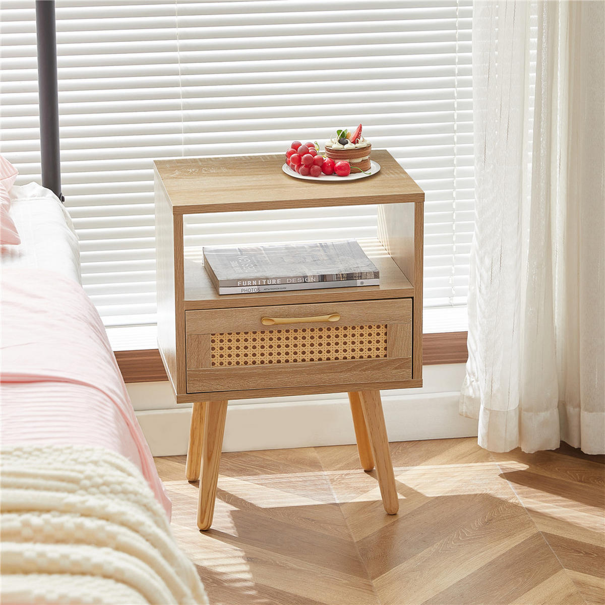 NACHTTISCH Rattan 40/55/30 cm mit Schublade Massivholzbeine Naturfarbe - Naturfarben, Holz (40/56/30cm) - Kaket