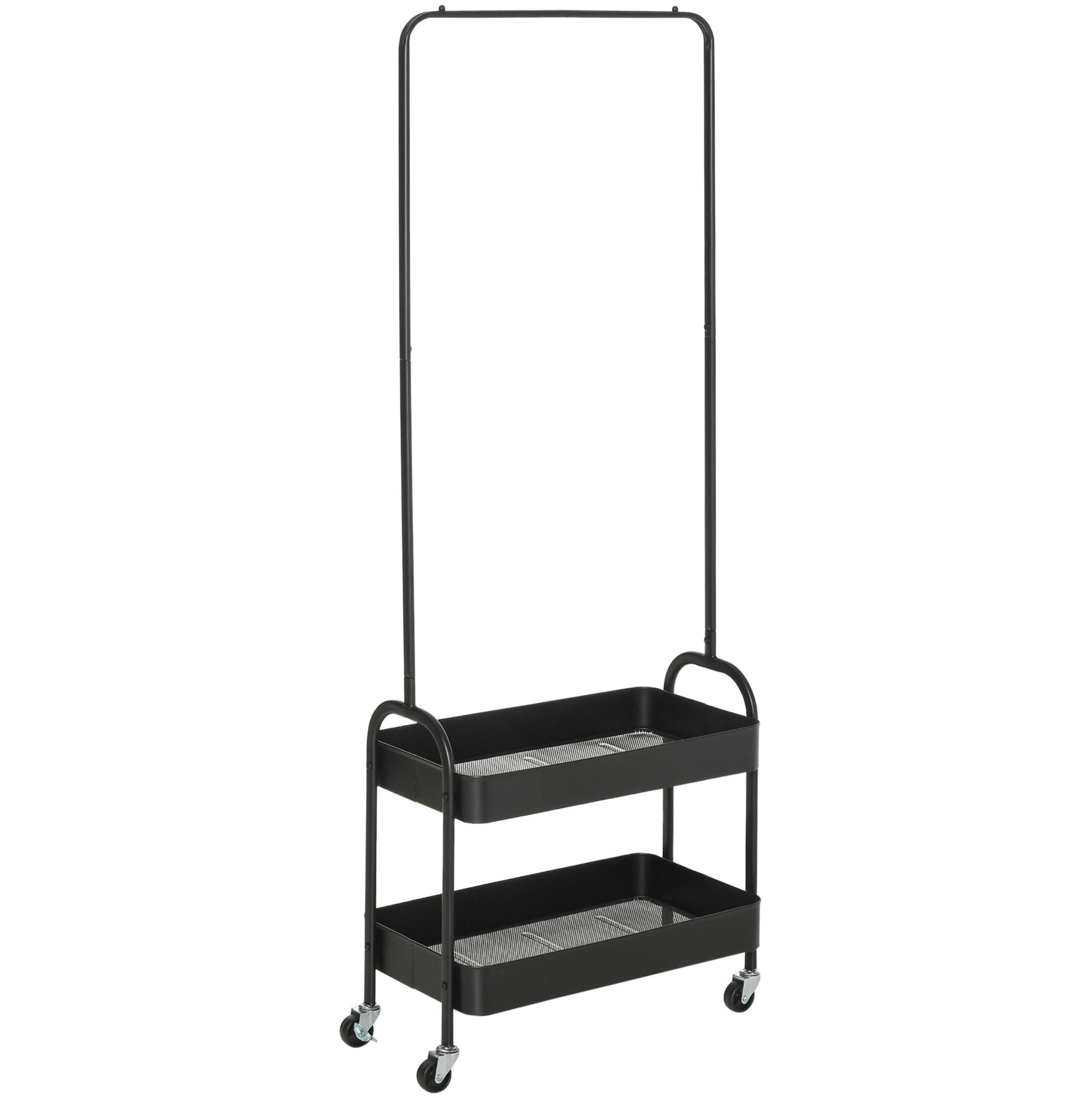 GARDEROBENSTÄNDER 56,5/31,5/152,5 cm mit Rollen, 2 Ablagen und Kleiderstange aus Stahl, Schwarz - Schwarz, Metall (56.5/152.5/31.5cm) - Redom