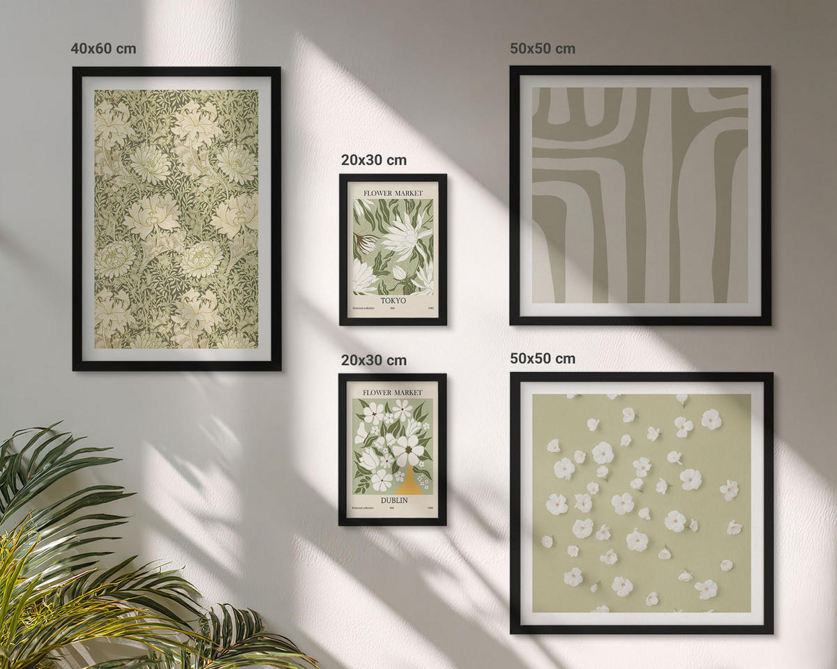 BILDER SET 5er Set - 50x50 cm & 20x30 cm & 40x60 cm Schwarzer Rahmen - Boho-Pflanzenkompositionen in Pastellfarben - Schwarz, Kunststoff (40/60cm) - TULUP