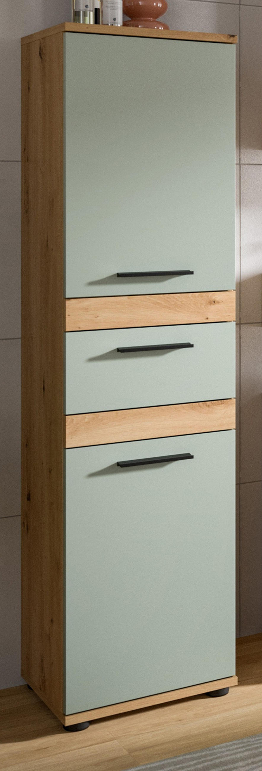 MIDISCHRANK Salbei, Artisan Eiche 35 x 137 cm, Badschrank in modernem Design - Salbeigrün/Schwarz, Holzwerkstoff/Kunststoff (35/137/31cm) - Inn.Furn