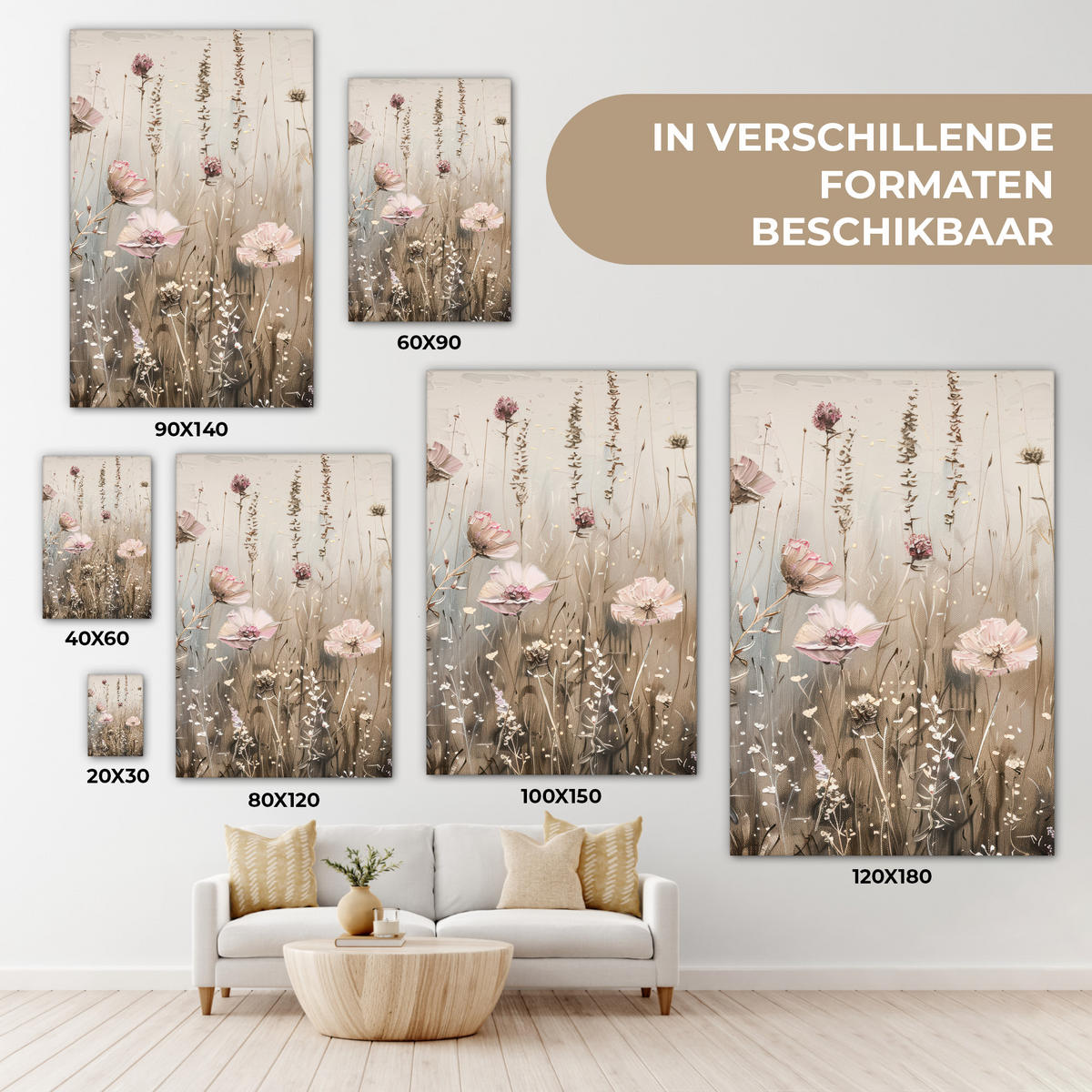 LEINWANDBILD Blumen - Rosa - Modern - Beige Wanddeko Schlafzimmer 60x90 cm - Beige, Textil (60/90cm) - MuchoWow