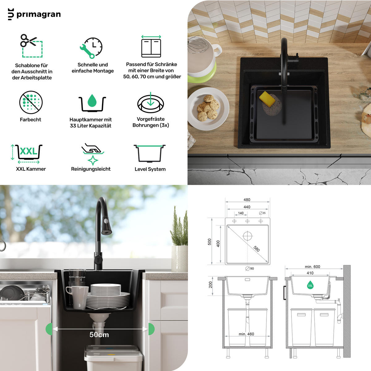 GRANITSPÜLE Oslo, 2-er set Alles Weiß 48/50 cm 1 Becken + Küchenarmatur 40/20 cm + Ablauf-Set + Schneidebrett ab 50er Unterschrank - Beige/Weiß, Kunststoff (48/20/50cm) - Primagran