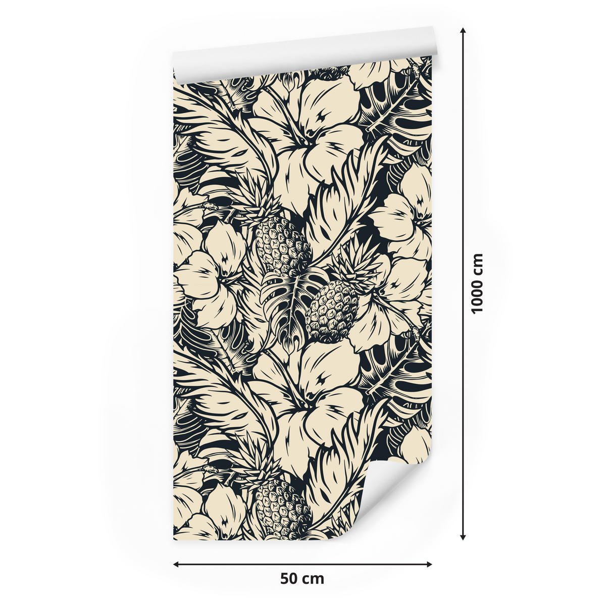 VLIESTAPETE Tropische Blüten und Ananas – Schwarz, Creme – 50x1000 cm - Creme/Schwarz, Papier (50/1000cm) - Muralo