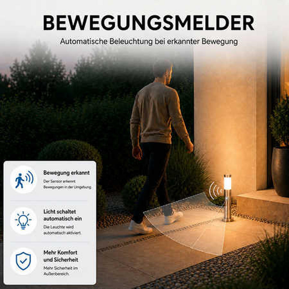 WEGELEUCHTE Edelstahl Anthrazit mit Bewegungsmelder 4er Set - Anthrazit, Metall (7.6/7.6/45cm)