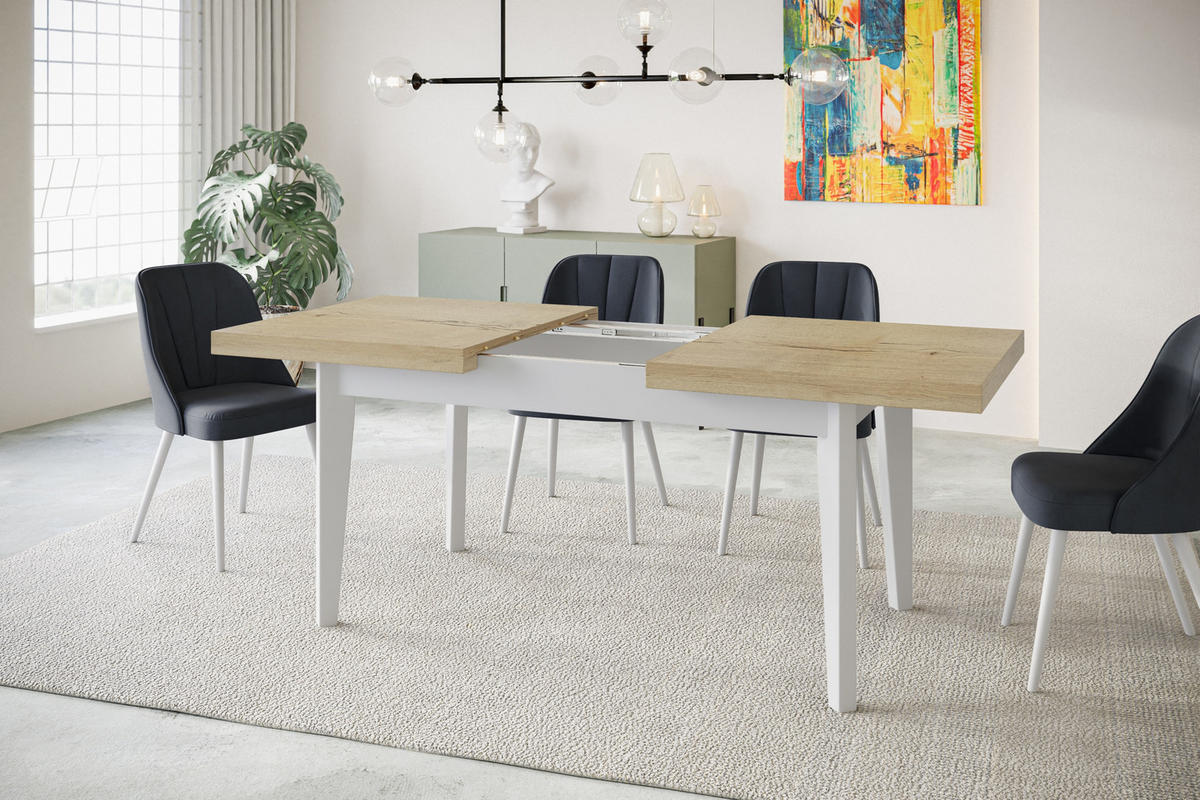 ESSZIMMERTISCH SKANDI, ausziehbarer Tisch: 140-180X80X78 cm, Farbe: HALIFAX, mit Holzbeinen in Farbe Weiß - Weiß/Naturfarben, Holzwerkstoff (140/80/78cm) - Alpi-Möbel
