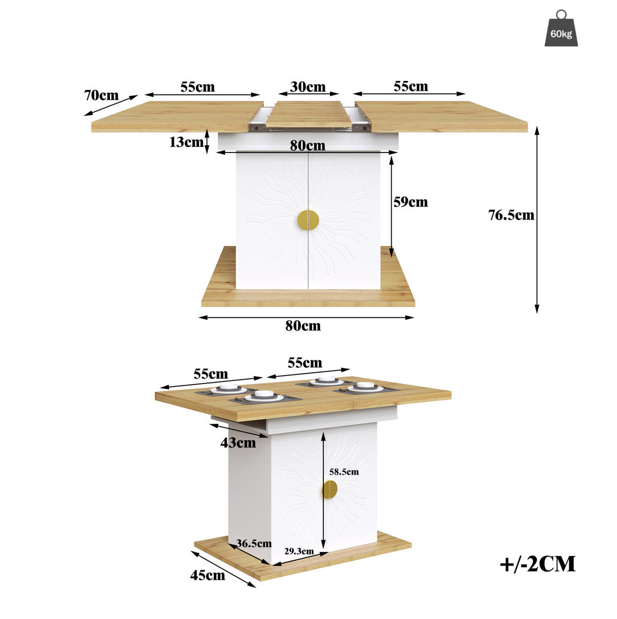 JÍDELNÍ stůl 110(140)/70/76 cm s rozkládací deskou a úložnými policemi, MDF, Bílá - bílá, kompozitní dřevo (76/70/110cm) - Redom