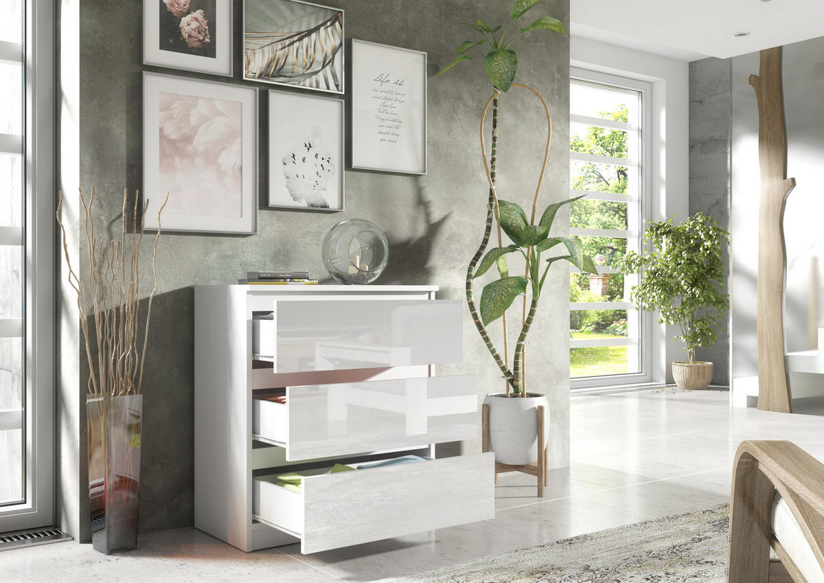 KOMMODE NUDO 70/78,5/39cm mit 3 Schubladen Türen Weiß - Weiß Hochglanz/Weiß, Holzwerkstoff (70/78.5/39cm) - MASSENO