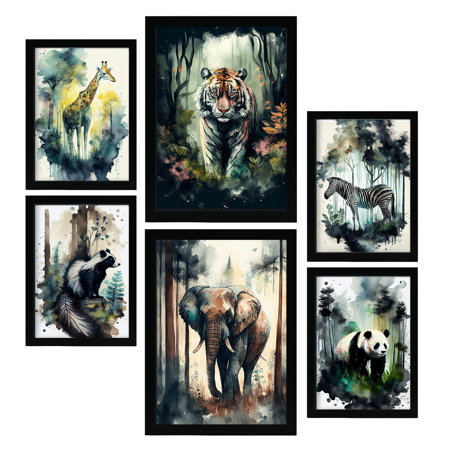 POSTER Set Mit 6 Wilde Welt Illustrationen Von Tieren In Naturlandschaften, Realistischer Aquarellstil Innenarchitektur A3 & A4 Schwarzer Rahmen - Schwarz, Papier (29/3cm) - Nacnic