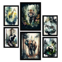 POSTER Set Mit 6 Wilde Welt Illustrationen Von Tieren In Naturlandschaften, Realistischer Aquarellstil Innenarchitektur A3 & A4 Schwarzer Rahmen - Schwarz, Papier (29/3cm) - Nacnic
