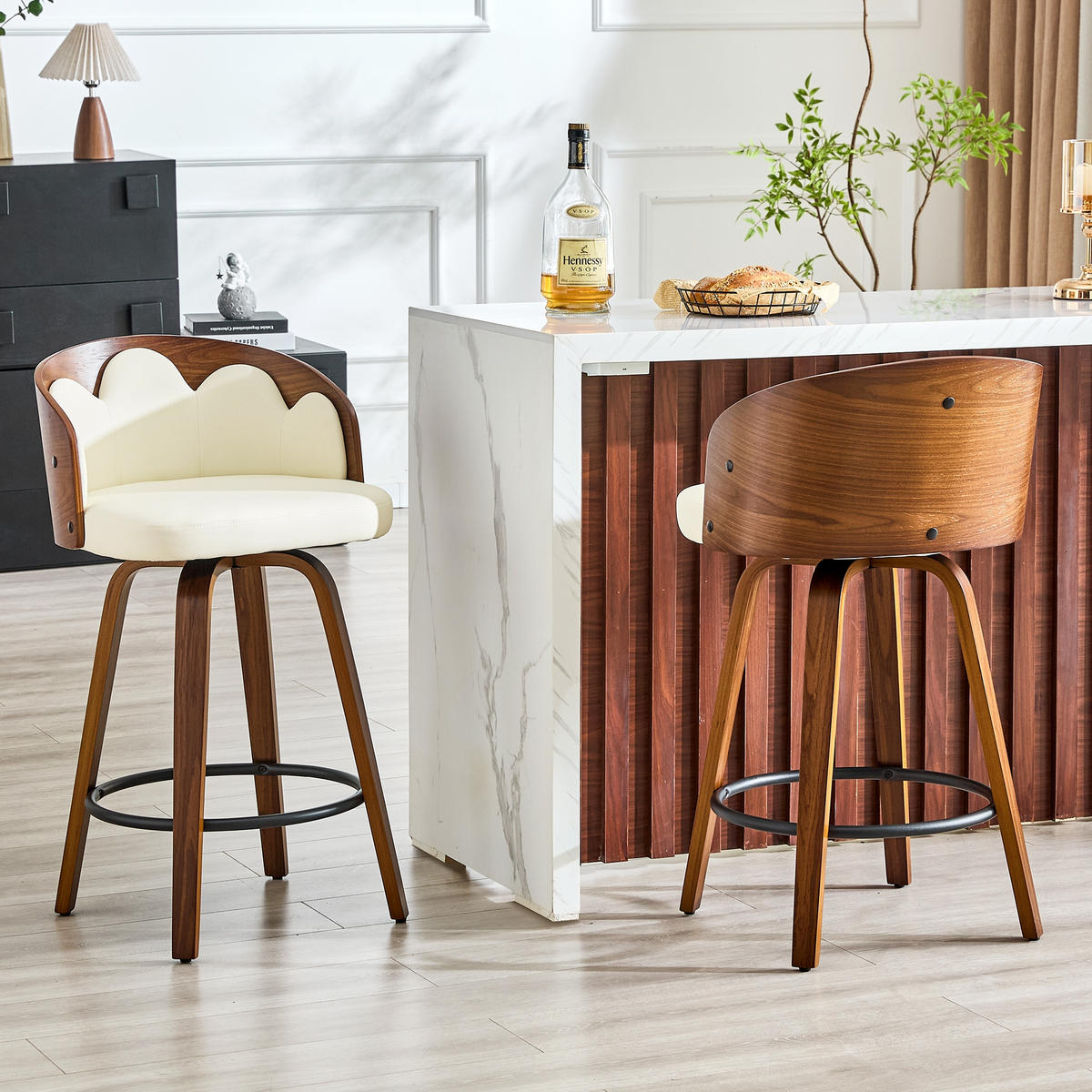 BARHOCKER 2er-Set Weiß mit Blüten-Rückenlehne und Fußstütze - Weiß, Holz (46.5/89/41.5cm) - PANGIVO