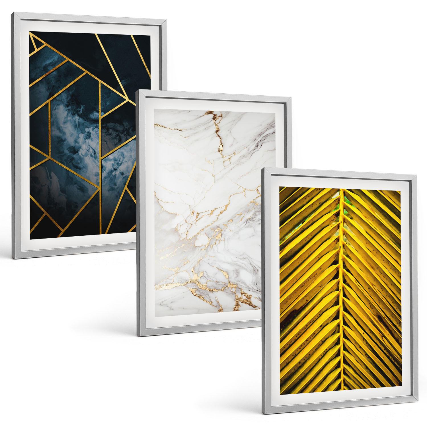 BILDER SET 3er Set - 40x60 cm Silberner Rahmen - Geometrische Muster und Vegetation - Silberfarben, Kunststoff (40/60cm) - TULUP