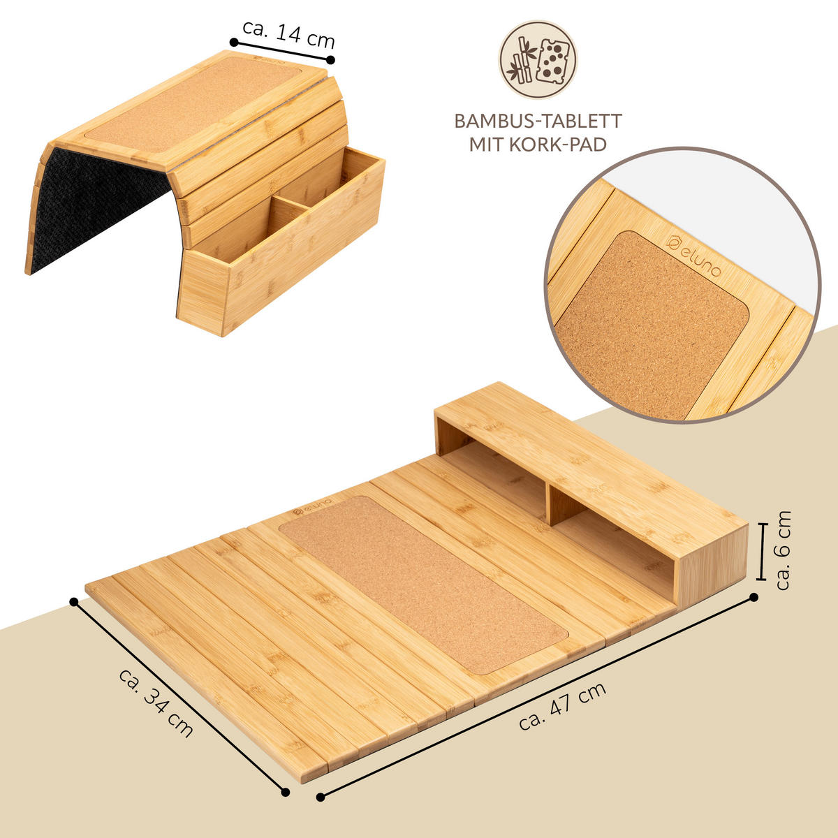 ARMLEHNEN-SOFATABLETT mit seitlichen Fächern, rutschfeste Korkablage, Bambus - Naturfarben, Naturmaterialien (47/6/34cm) - eluno