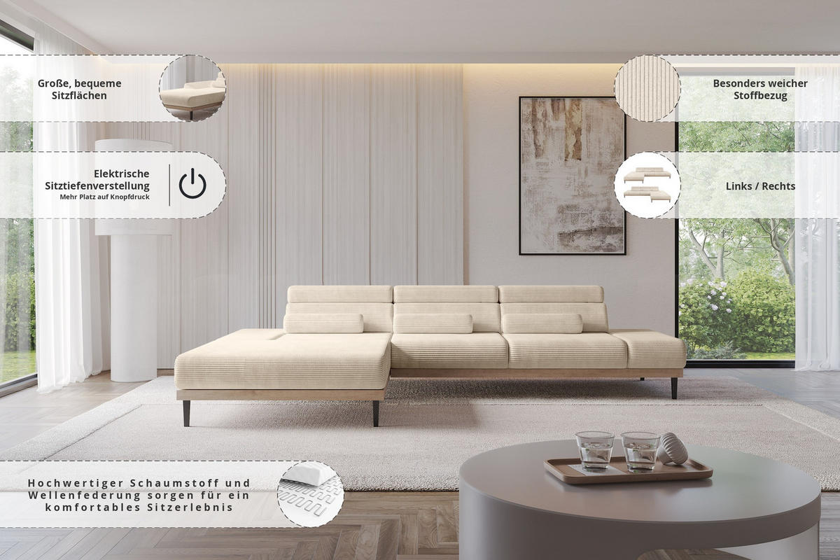 ELEKTRISCHES ECKSOFA Links MONA 316x205x85 Beige Cord - Sandfarben/Beige, Holzwerkstoff/Textil (316/205cm) - ALTDECOR