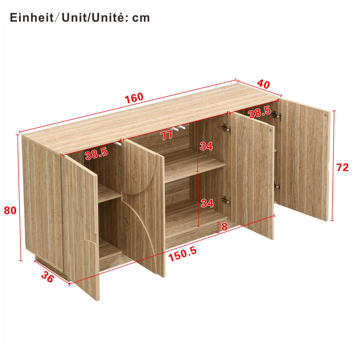 SIDEBOARD 160/40/80 cm in Natur mit Türen, Einlegeböden und Bogenfronten - Naturfarben, Holzwerkstoff (160/80/40cm) - Flora Grace
