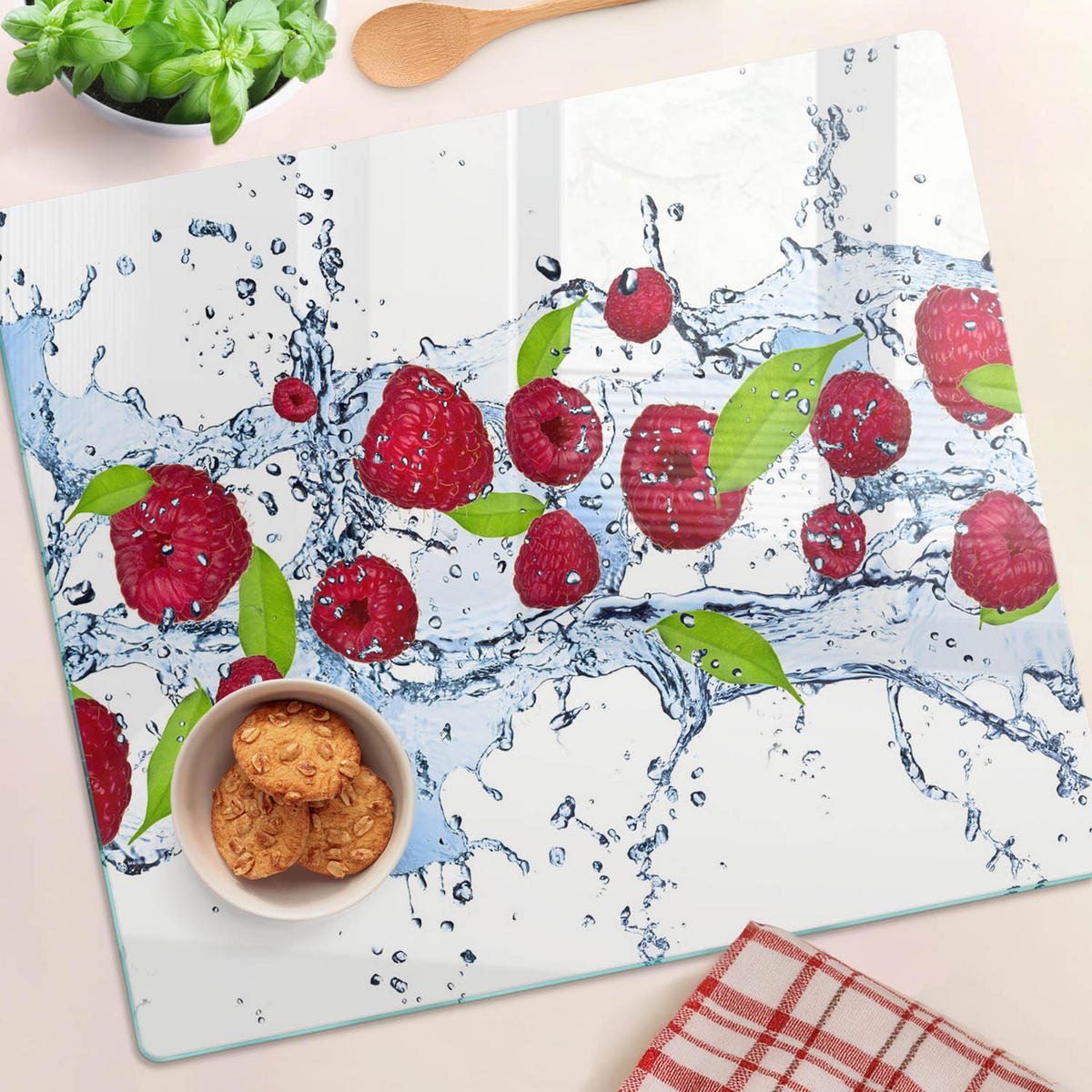 GLASPLATTE 60x52 cm Himbeeren und Wasser - Rot, Glas (60/0.4/52cm) - TULUP