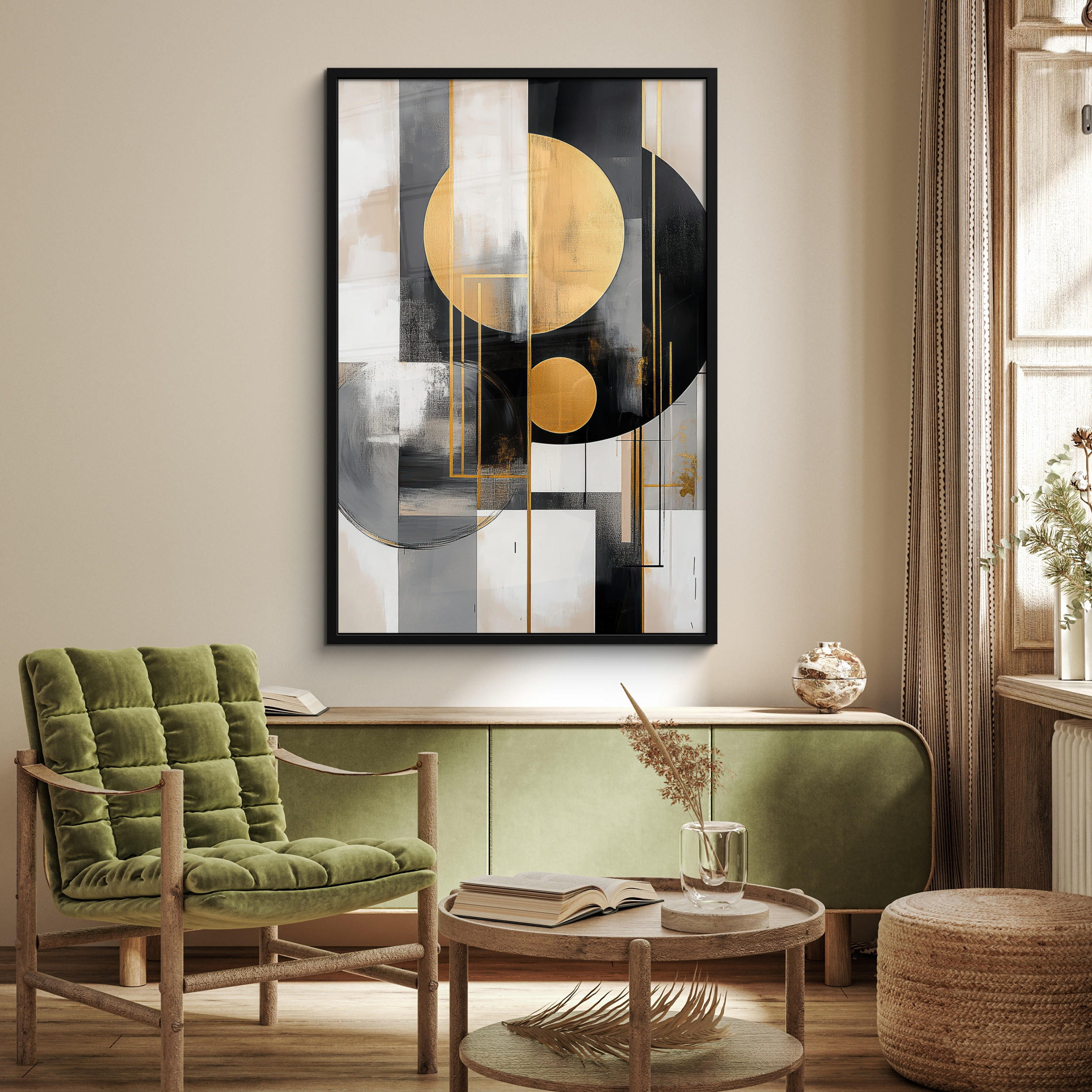 GERAHMTES BILD Abstrakt - Gold - Silber - Formen - Ästhetisch - Modern 80x120 cm - Goldfarben, Papier (80/120cm) - MuchoWow