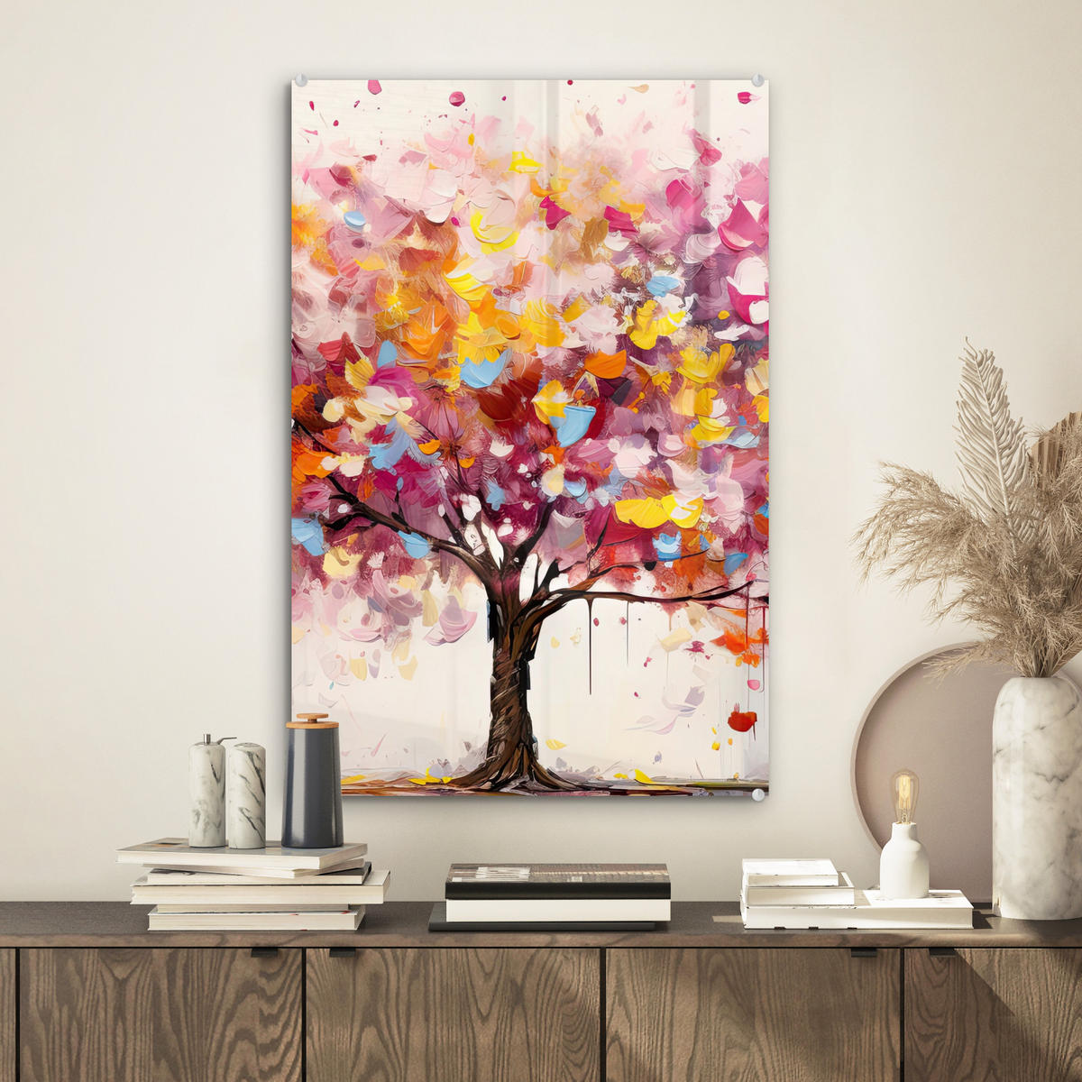 ACRYLGLASBILD Aquarell - Baum - Kunst - Abstrakt 40x60 cm - Multicolor, Glas (40/60cm) - MuchoWow